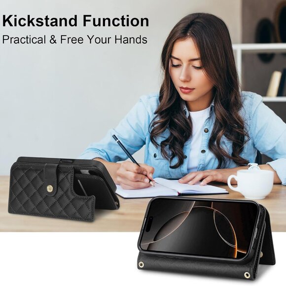 iPhone 16 Pro Max Card Holder Crossbody Wrist Strap Leather Wallet - Picture 6 of 6